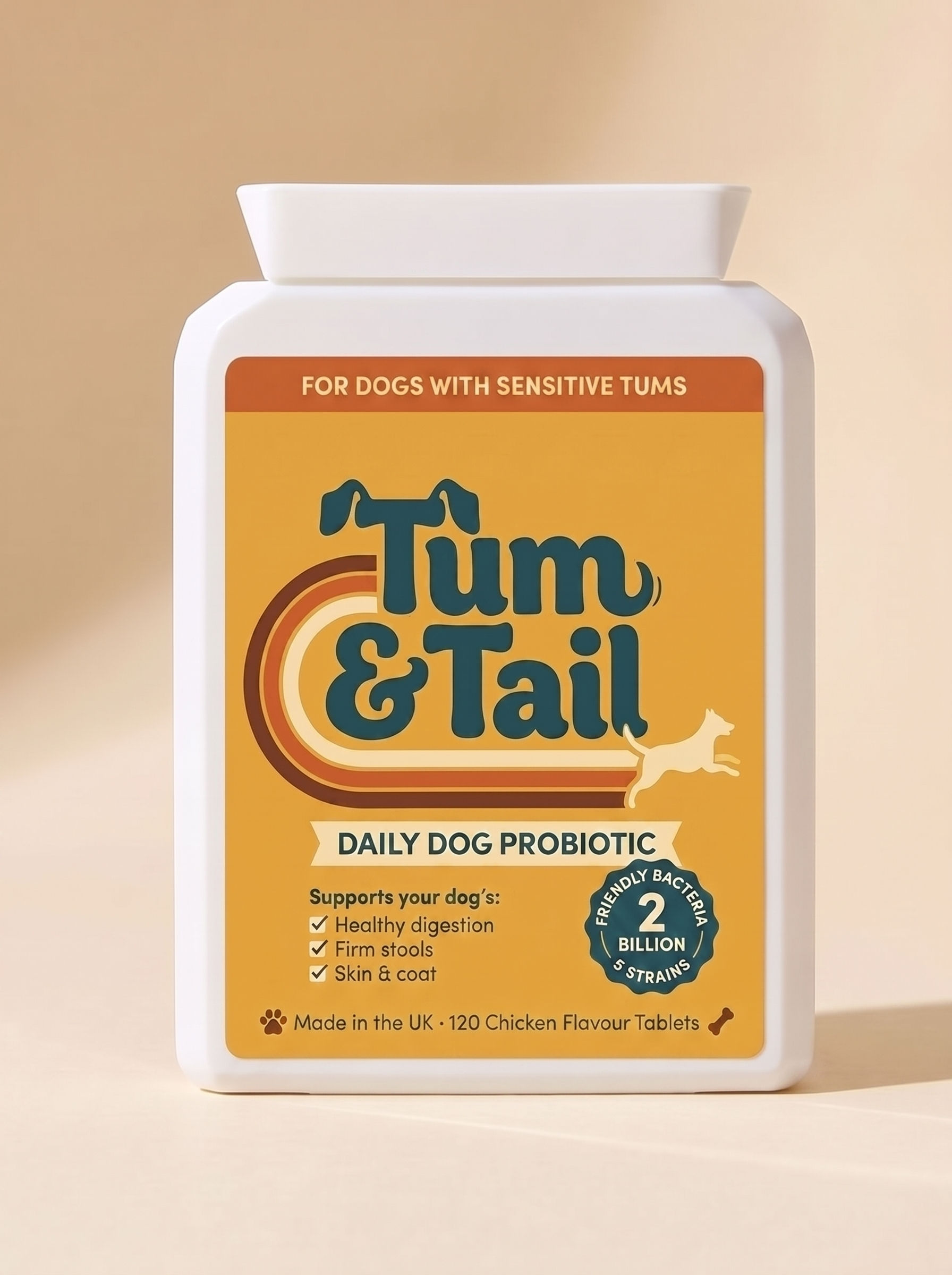 Tum & Tail Daily Dog Probiotic - front of pack, for dogs with sensitive tums, 2 billion CFU / 5 strains