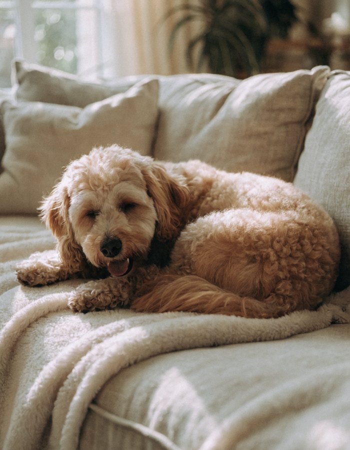 A cockapoo relaxed and settled on the sofa at home