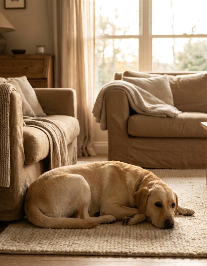 A relaxed, healthy Labrador settled at home
