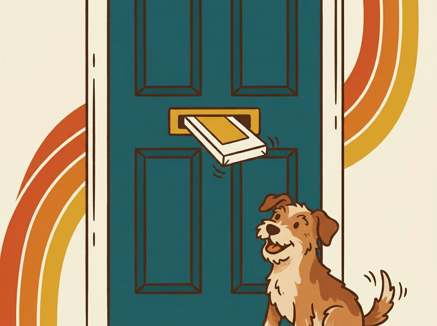 Illustration of the slim letterbox-friendly Tum & Tail case dropping through a front-door letterbox while a terrier waits below
