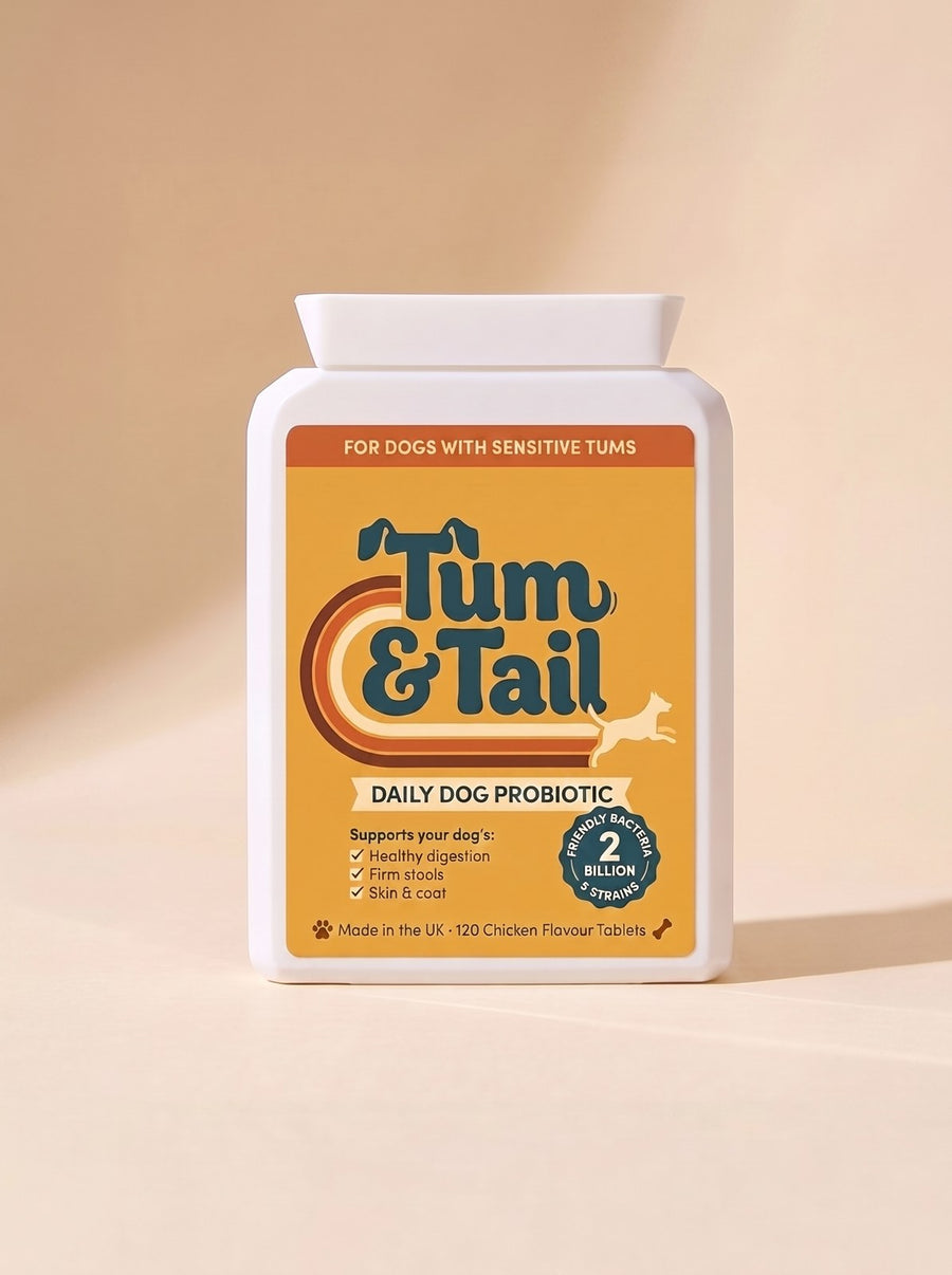 Tum & Tail Daily Dog Probiotic - front of the slim 120-tablet chicken-flavour pack